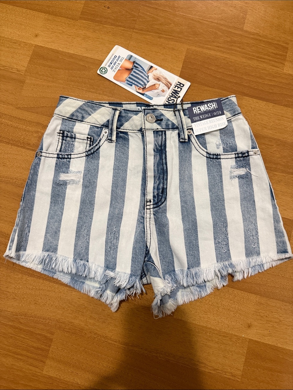 Rewash Blue & White Vertical Stripe High-Rise Denim Shorts
